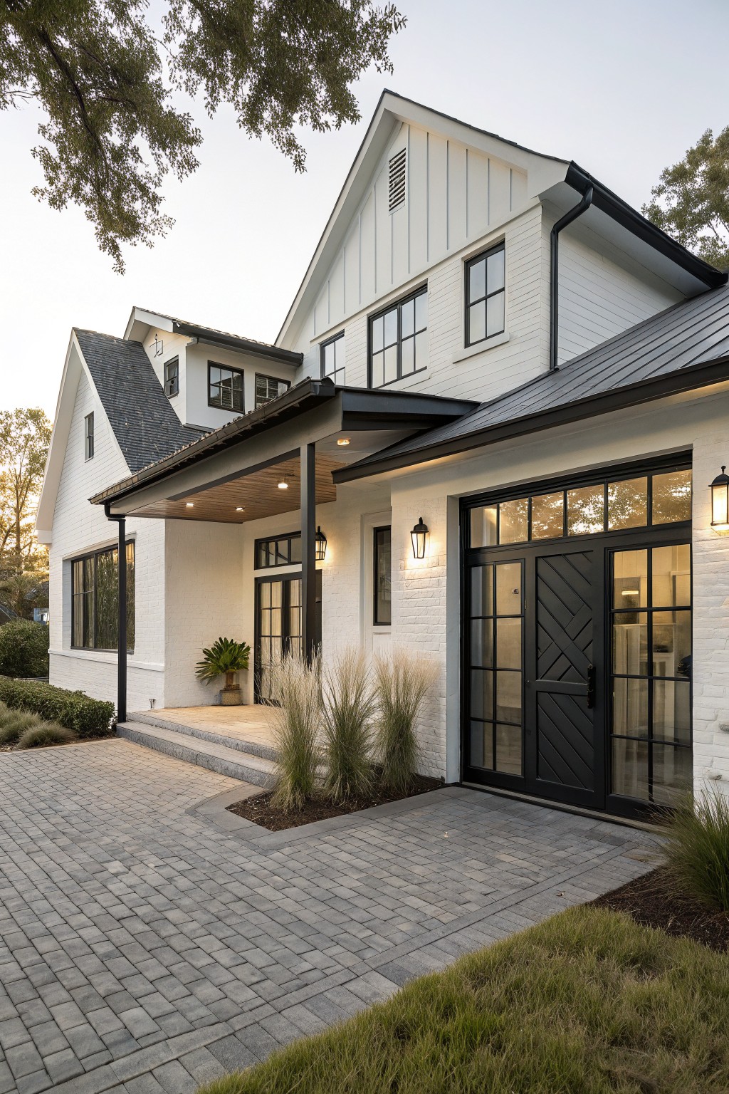Modern white house with black trim, large glass doors, and paved driveway.