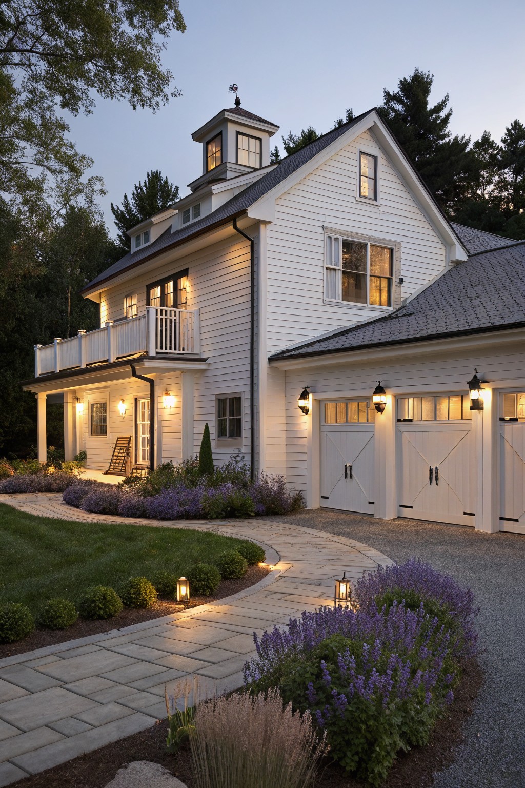 White two-story house with cupola, garage, and lit stone path amid purple flowers at dusk.
