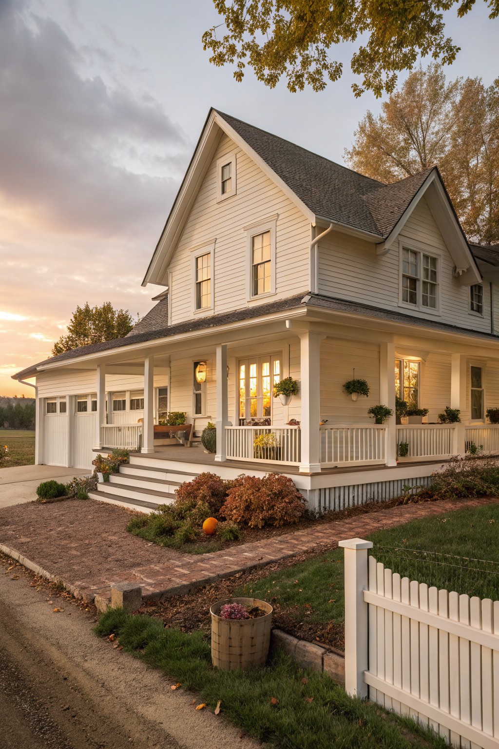 A white two-story farmhouse with an attached two-car garage on the left side, a covered front porch, and landscaping along a brick path.