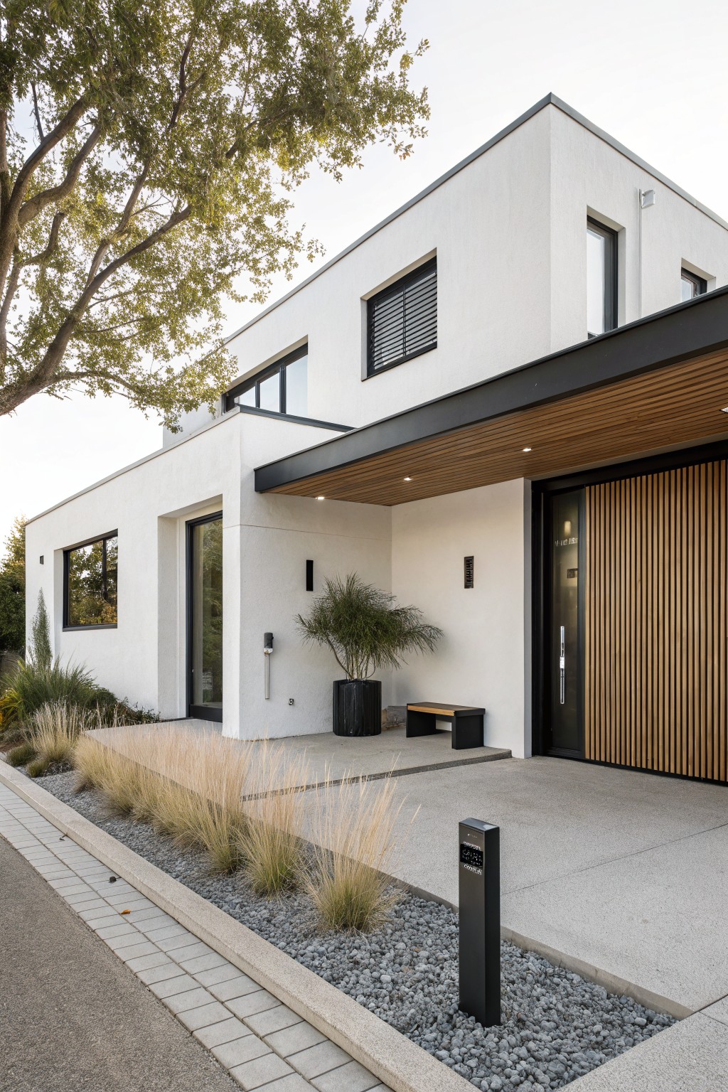 Modern white house exterior featuring a vertical wood slat garage door beneath a matching wood-paneled overhang, with a black entry door and gravel landscaping in the foreground.