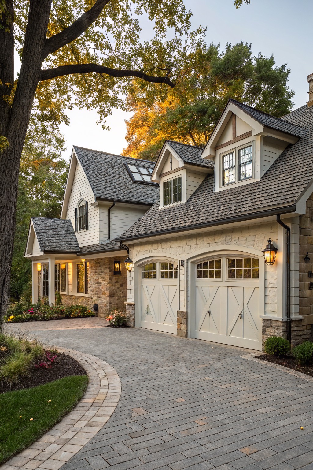 Large house with white garage doors, stone facade, and autumn trees at dusk.