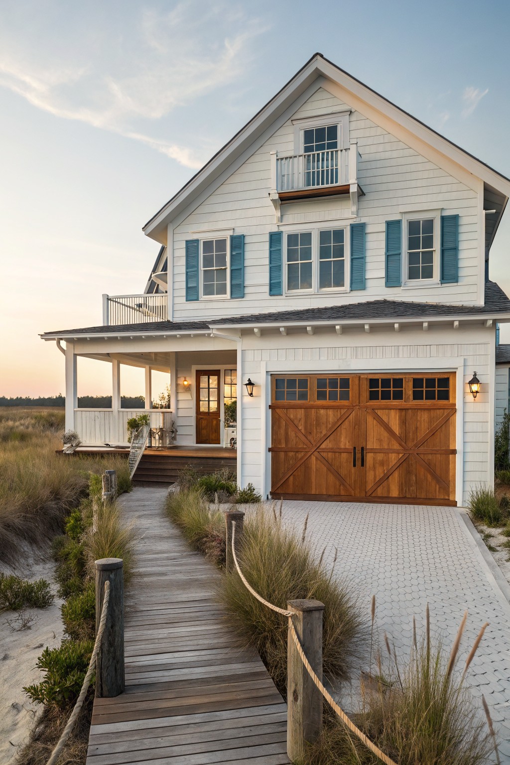 A white two-story farmhouse with blue shutters features large wooden barn-style garage doors and a wooden boardwalk leading through dune grass.