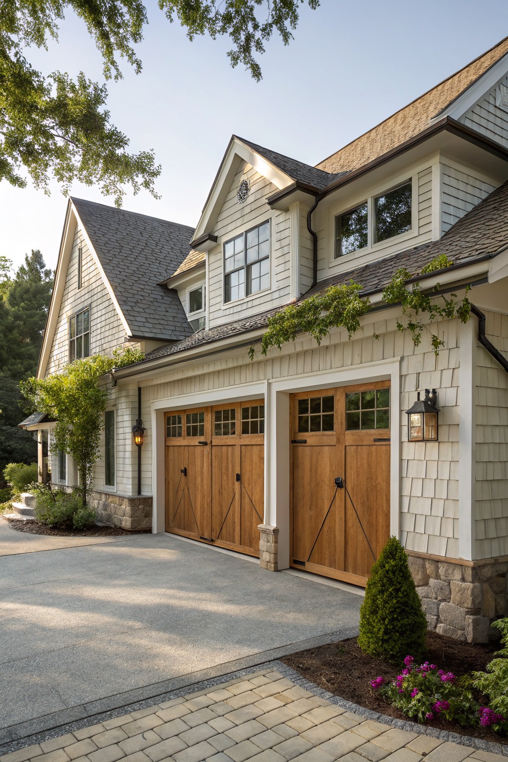 White shingled farmhouse with two sets of wooden garage doors, stone foundation, and green landscaping.