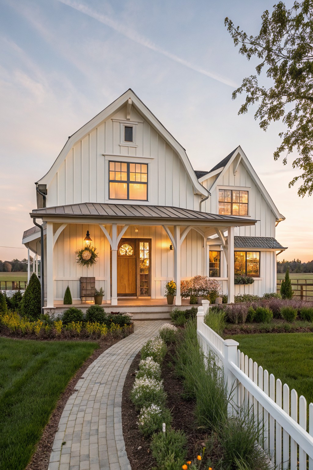 A white farmhouse exterior with a wooden front door, covered porch, and warm interior lights glowing through the windows at dusk.