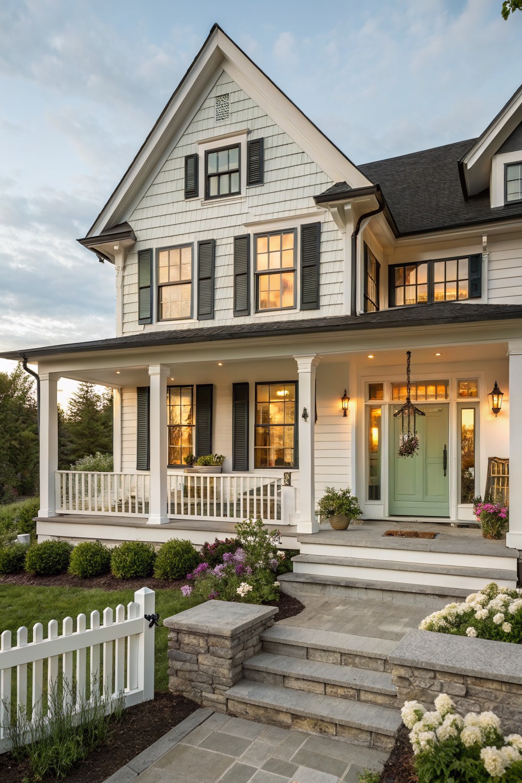 A white shingled farmhouse with dark shutters, a mint green front door, a covered porch, and stone steps leading to the entry.