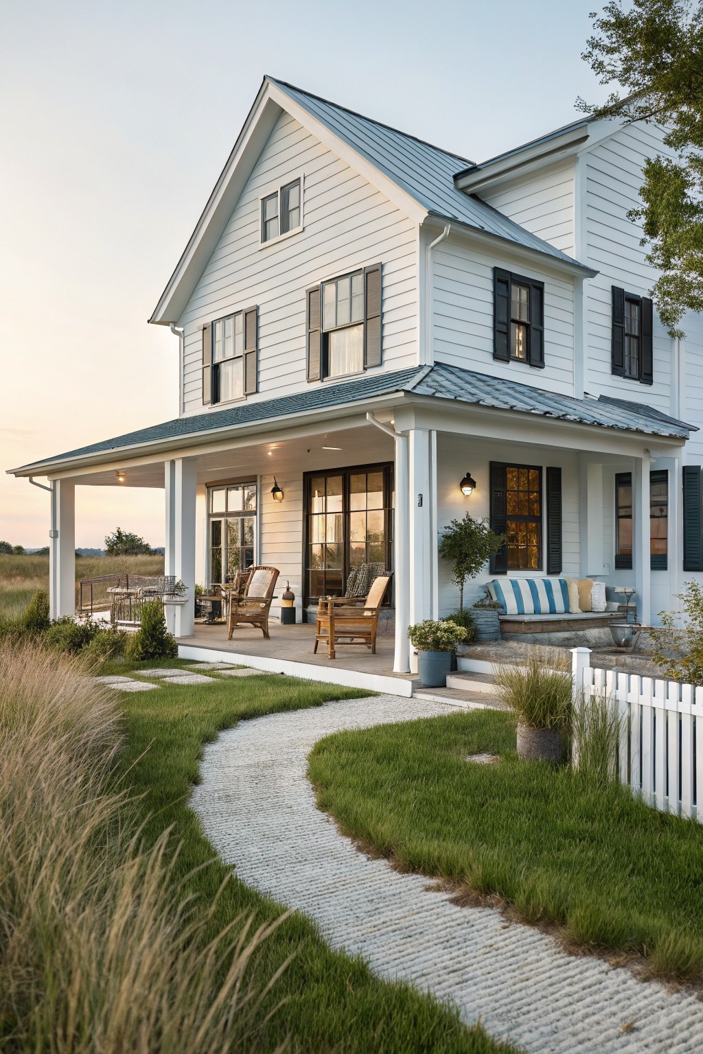 White two-story farmhouse with porch furniture, gravel path, and picket fence in countryside.