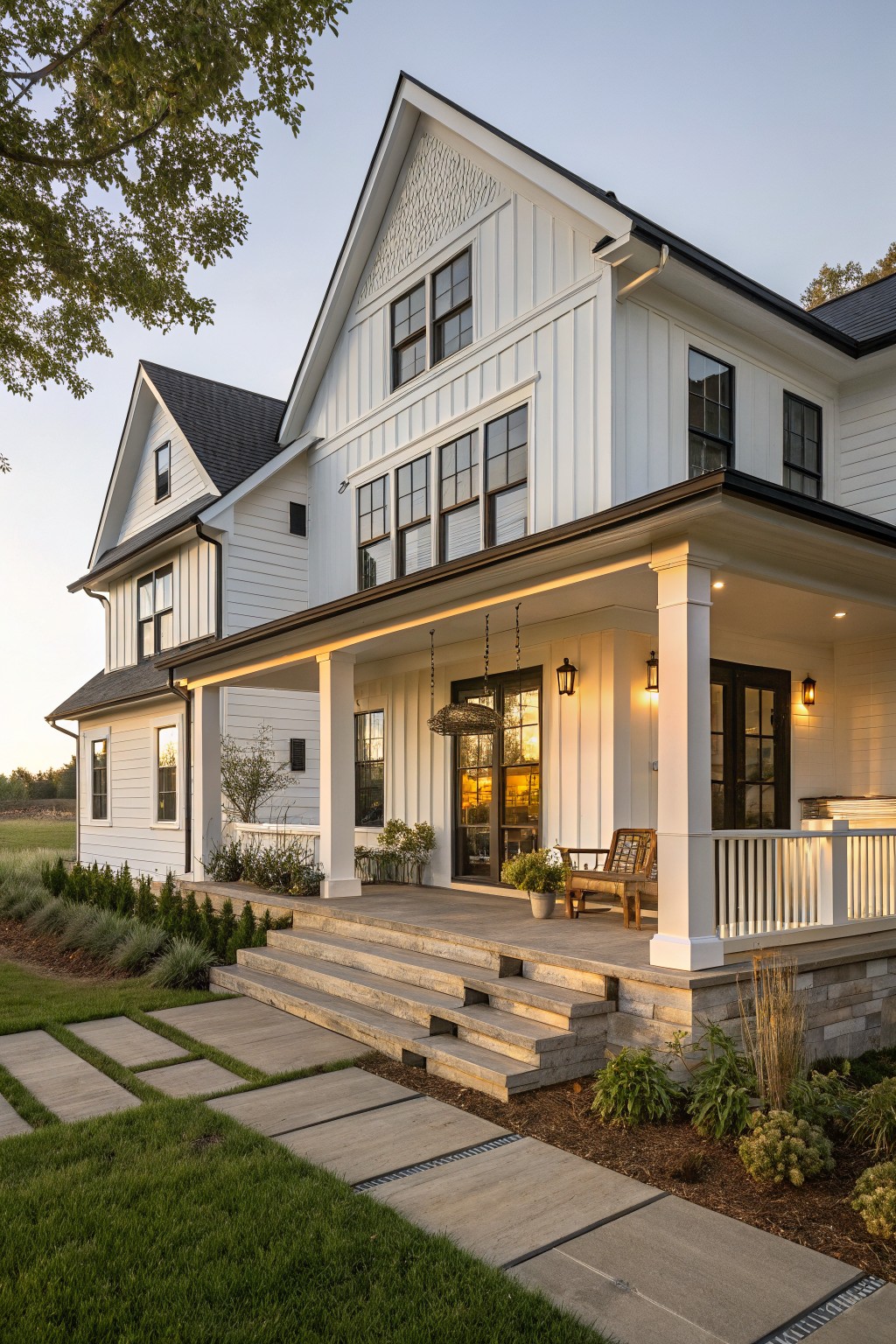 A bright white farmhouse with black trim, multiple windows, a covered front porch supported by white columns, and concrete steps leading to the entrance.