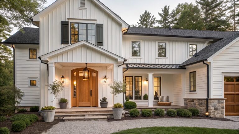 White two-story farmhouse with wooden door, lit porch, and stone steps