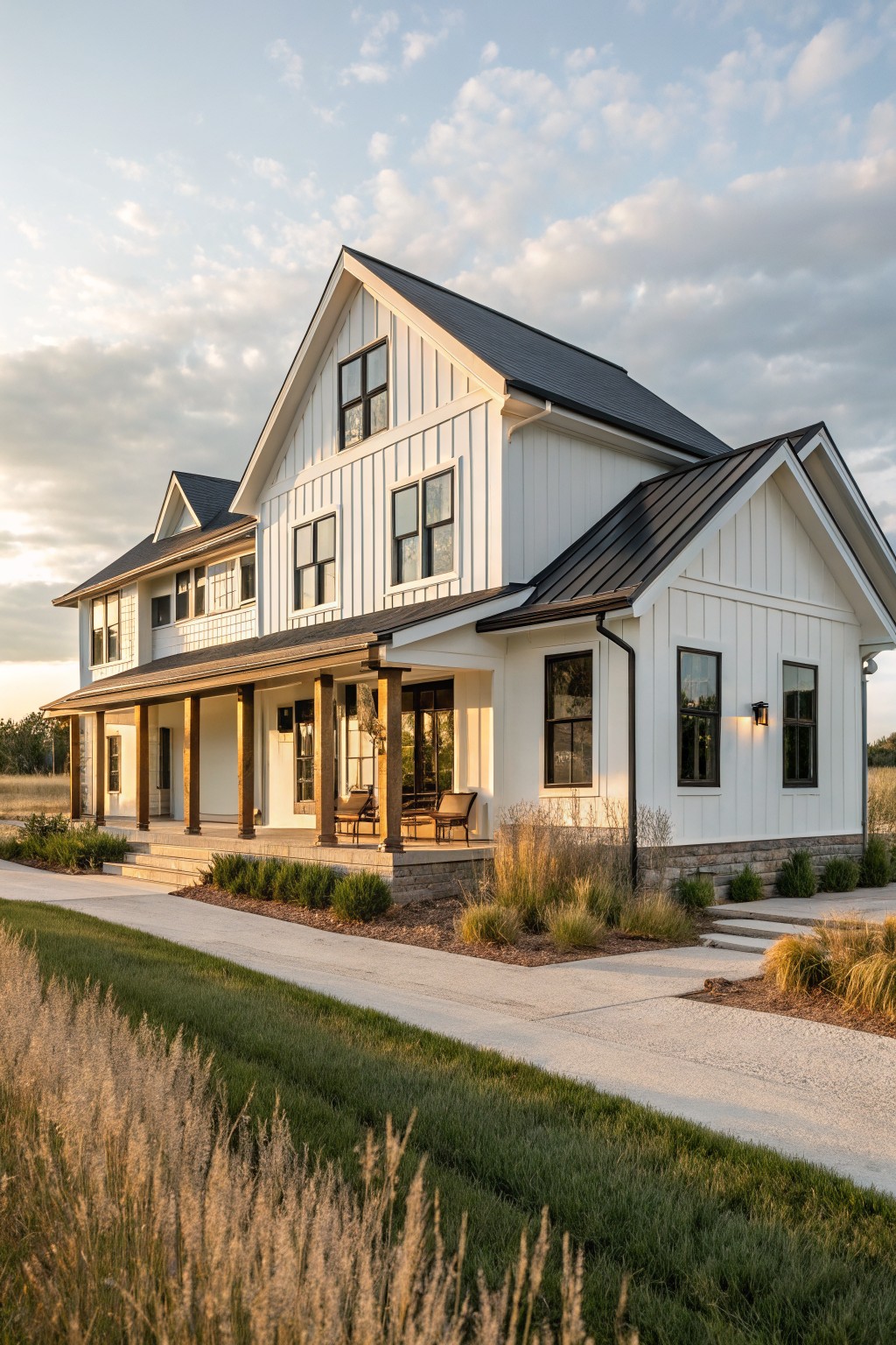 Modern white farmhouse with black roof, wooden porch, and stone foundation