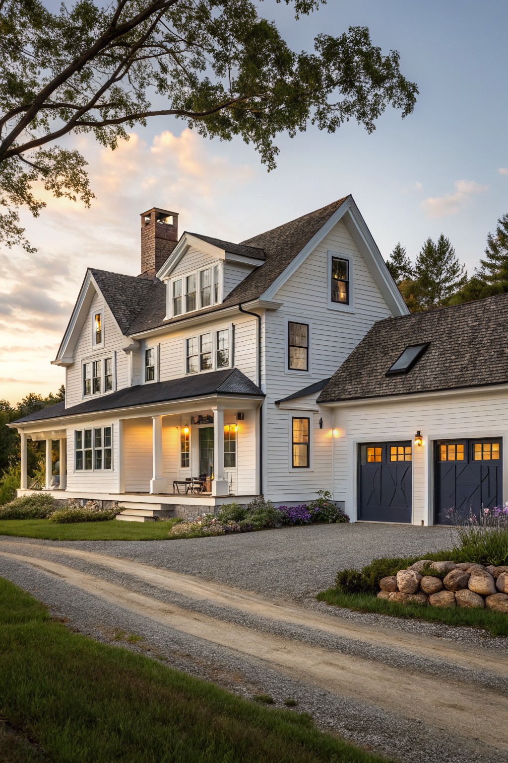 A white two-story farmhouse exterior with a dark roof, dark garage doors, and a gravel driveway at dusk.