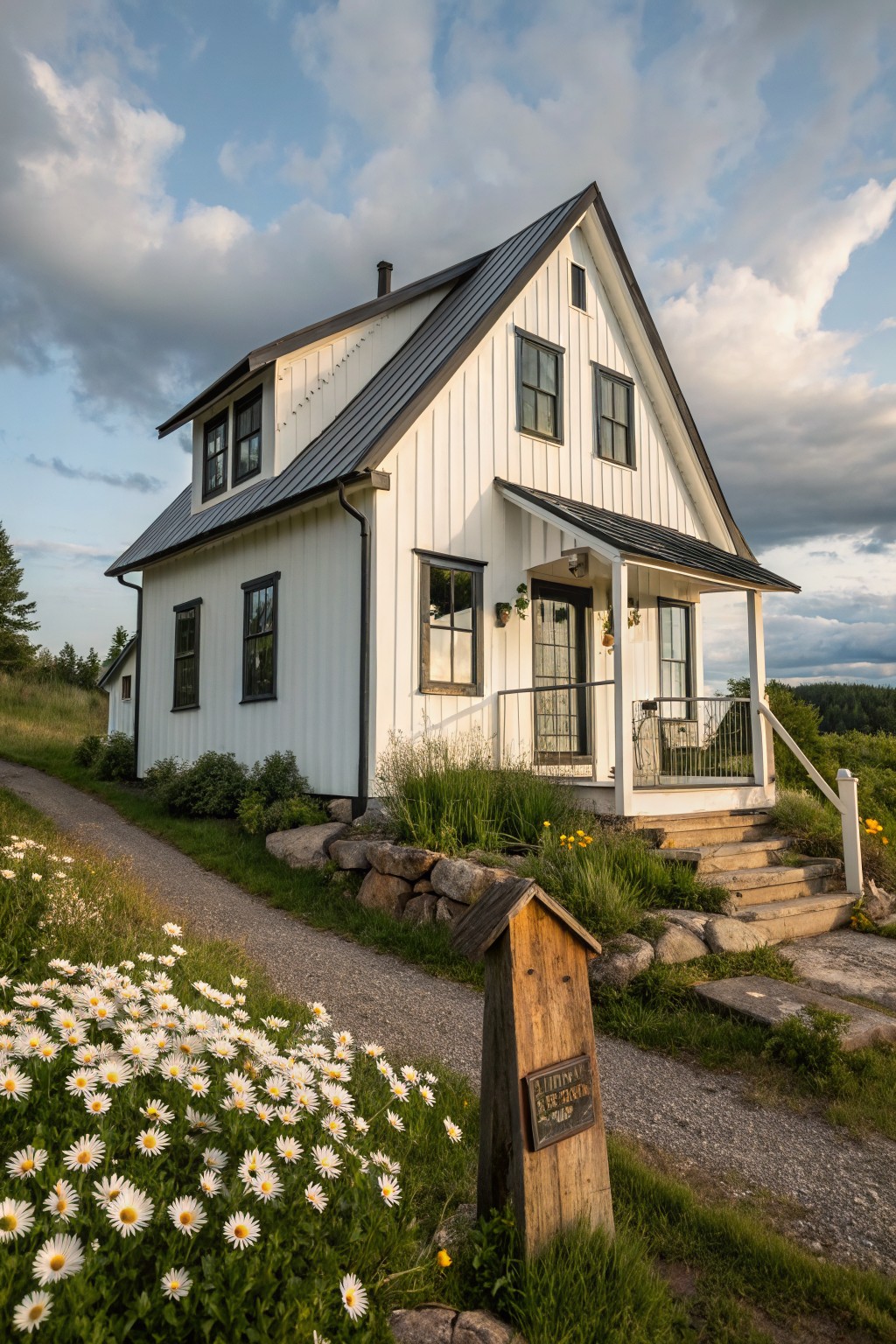 White farmhouse with dark roof beside daisy garden, gravel path, and wooden sign