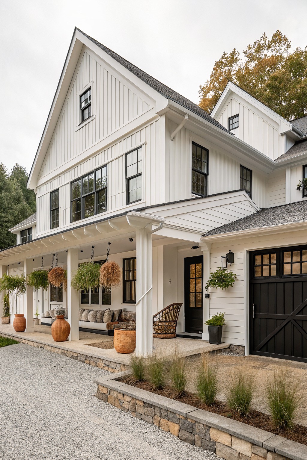 A bright white two-story farmhouse with black-framed windows, a black front door, and a black garage door, shown from the front with a covered porch.