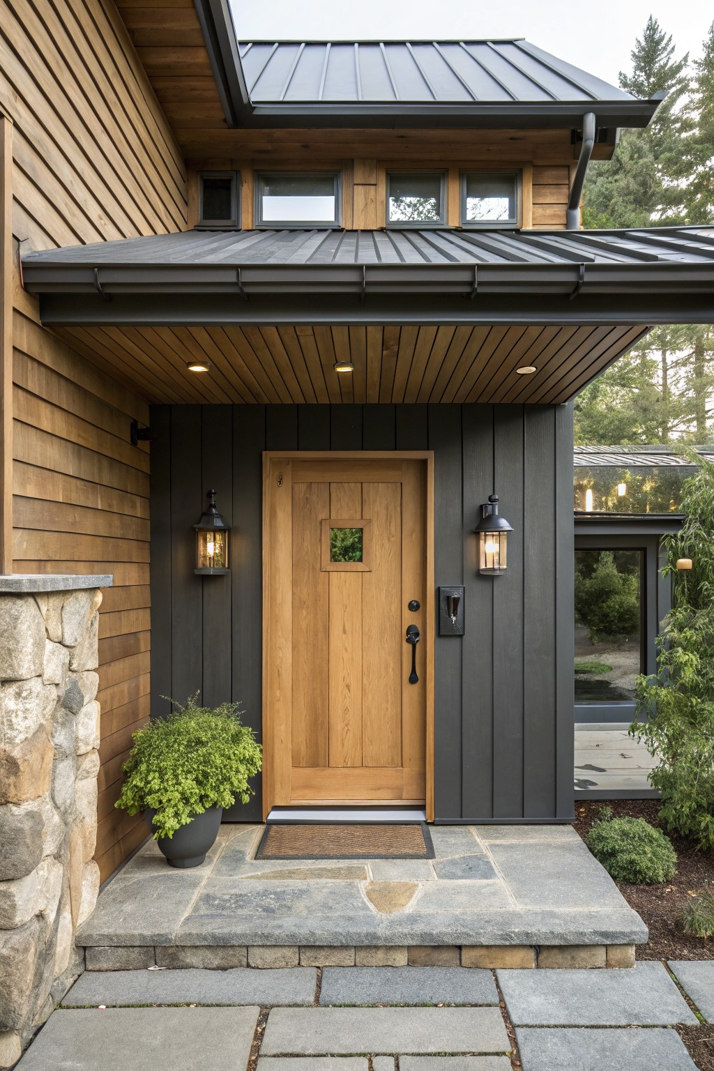 Front view of a house entry featuring a light wood door on dark siding, a metal roof overhang, stone steps, and two wall lanterns.