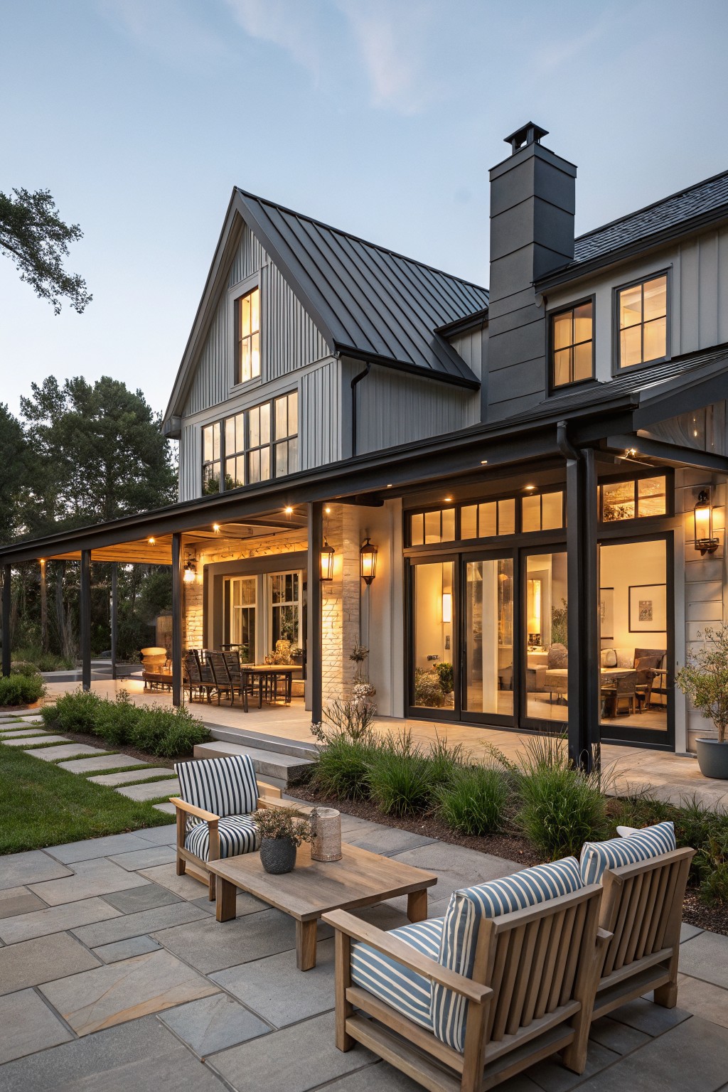 A two-story coastal farmhouse with gray siding, a dark metal roof, and a covered patio area furnished with wooden chairs and a table on a stone patio.