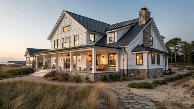 A white two-story coastal farmhouse with a dark metal roof and wraparound porch sits on sandy dunes with grass.