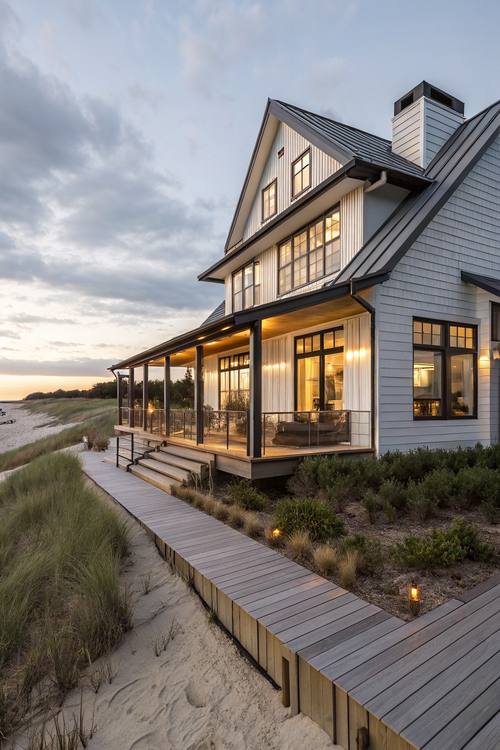 Modern beach house with lit deck and wooden path across sandy dunes at dusk