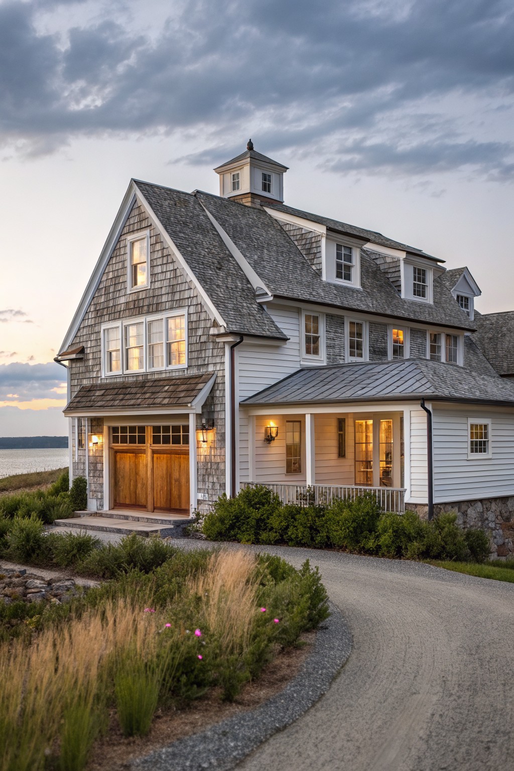A large coastal farmhouse exterior with white siding, gray shingle roofing on the upper sections, a metal roof over the porch, and wooden double doors at the front entrance.