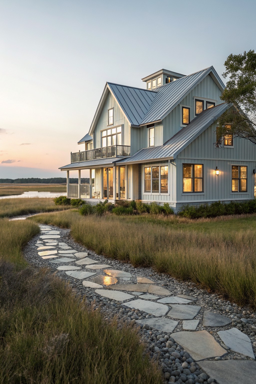 A two-story coastal farmhouse with light blue siding, a standing seam metal roof, and a stone pathway leading through tall grass at dusk.