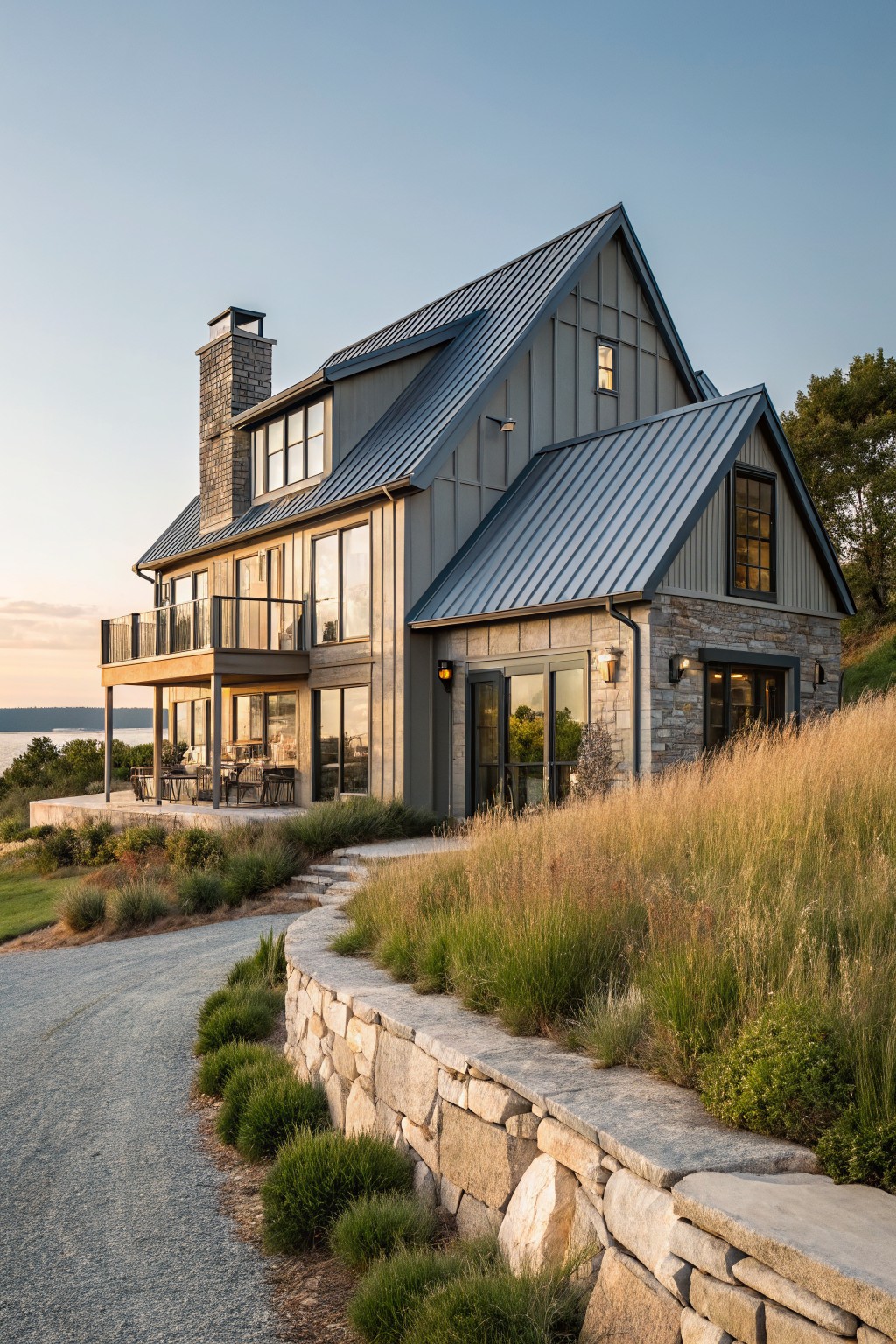 A large coastal farmhouse with a dark metal roof, multiple gables, gray siding, stone accents, and large windows set on a grassy hillside near the water.