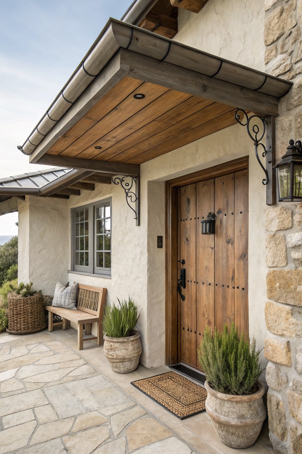 A house entry with a wooden door, stone and stucco walls, a wooden ceiling under a metal roof overhang, and potted plants on a stone patio.
