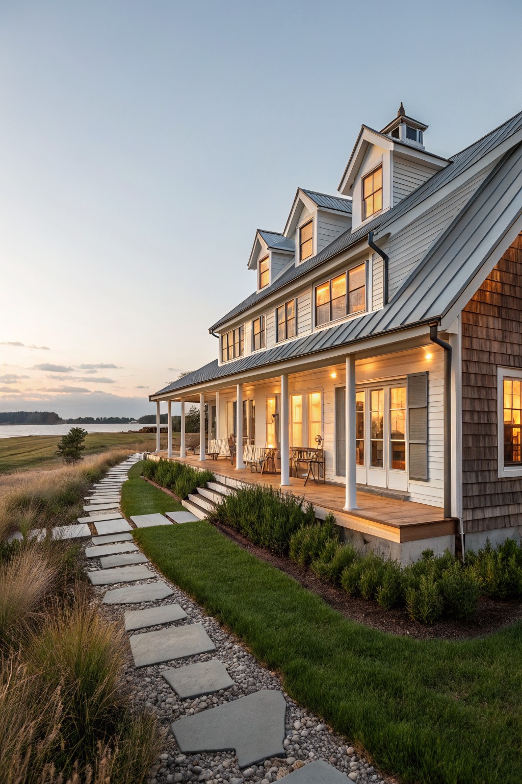 A white coastal farmhouse with a gray metal roof, lit windows, and a wooden porch, viewed from a stone path at dusk.