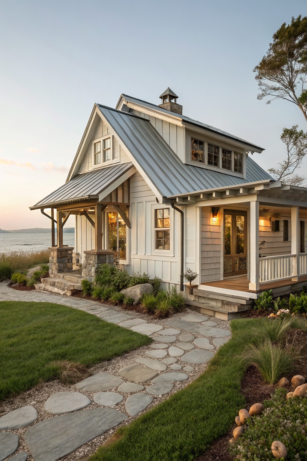 A white coastal farmhouse exterior with a gray metal roof, wooden porch supports, stone piers, and a stone pathway leading to the front steps.