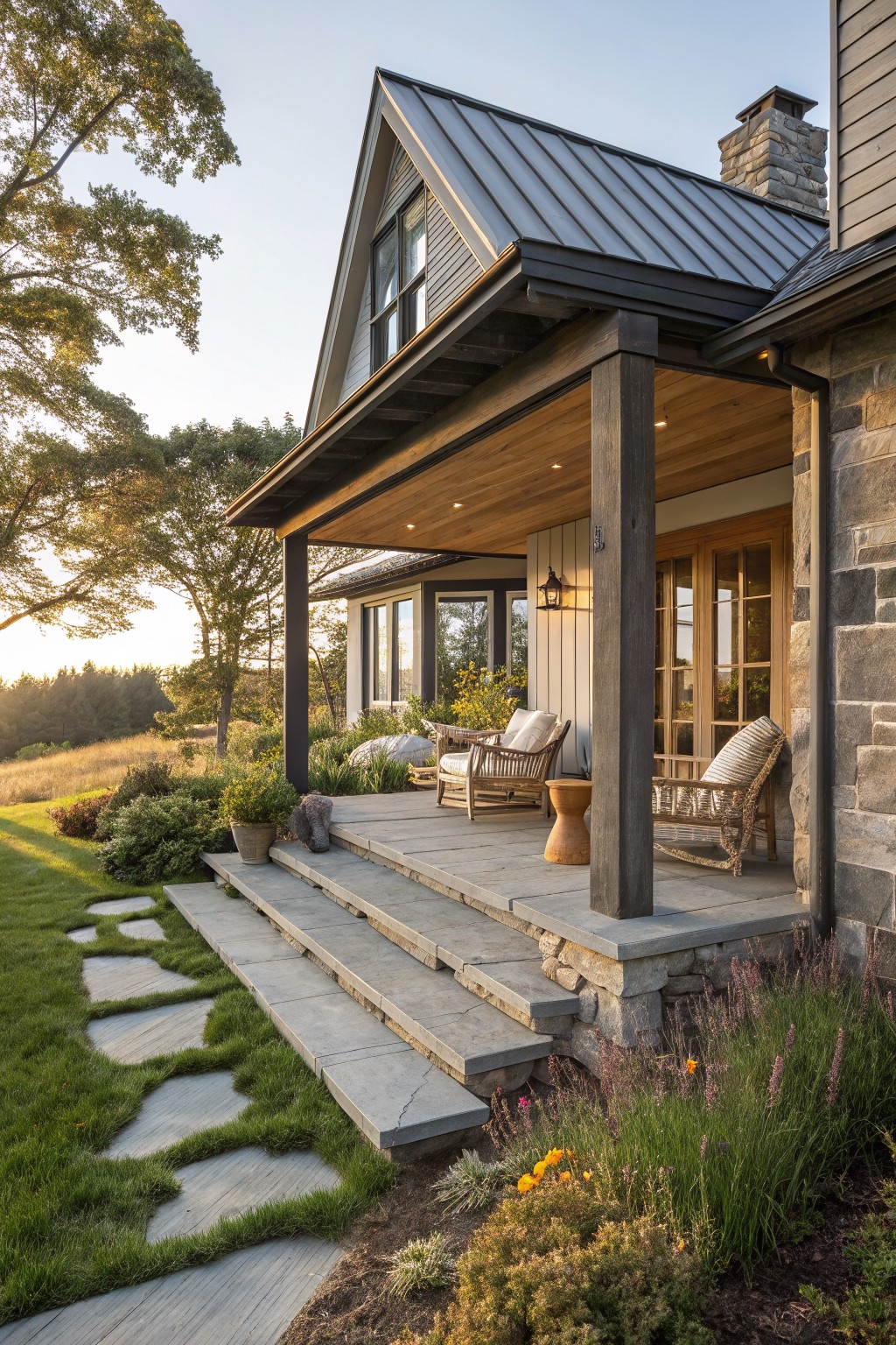 A coastal farmhouse exterior with a dark metal roof, wooden porch ceiling, stone chimney, and covered seating area with wicker chairs.