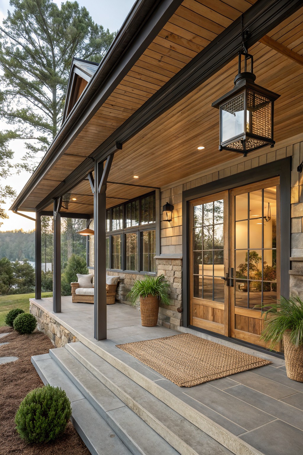 A coastal farmhouse porch with a dark metal roof, wooden ceiling, stone base, double wood doors, and concrete steps leading to a woven rug.
