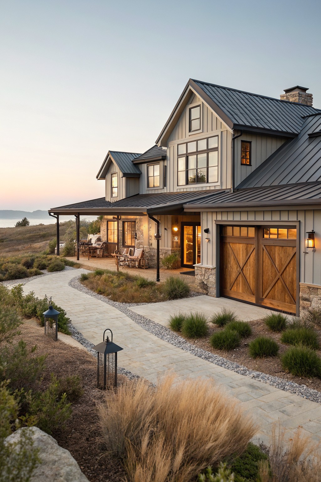 A coastal farmhouse exterior with gray siding, a dark metal roof, stone accents, and large wooden barn-style garage doors.