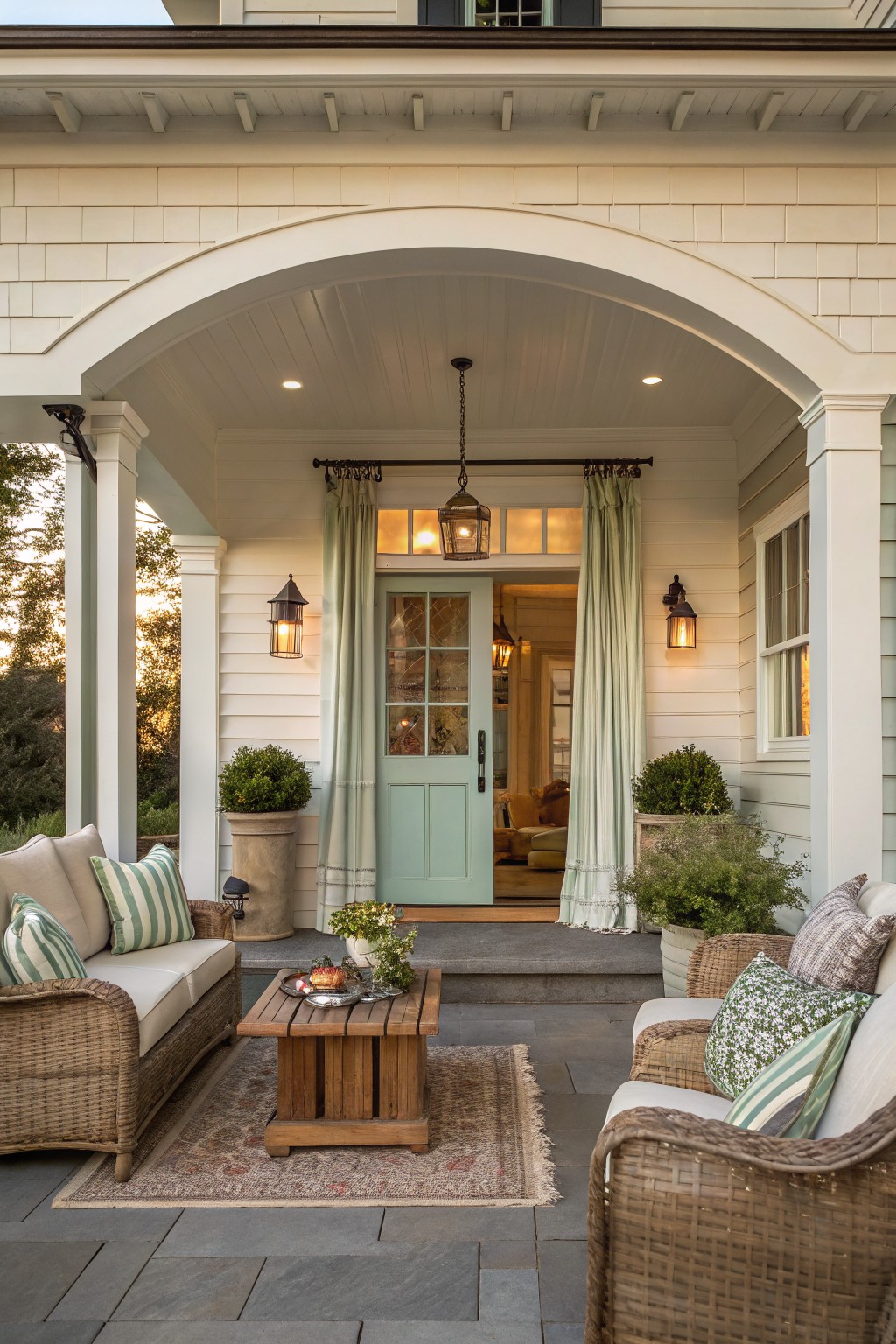 A front porch with an arched ceiling, wicker seating on a rug, potted plants, and light green curtains flanking a light blue door.