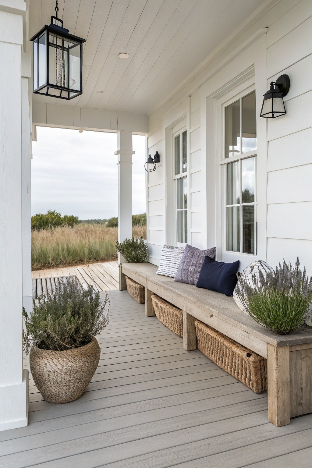 Rustic wooden bench on gray porch with pillows, baskets, plants, and black lanterns overlooking field