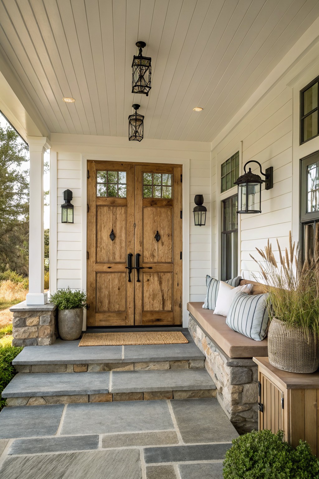 A front porch with double wooden doors, stone steps, a built-in stone bench with striped and white cushions, wall lanterns, and potted plants.