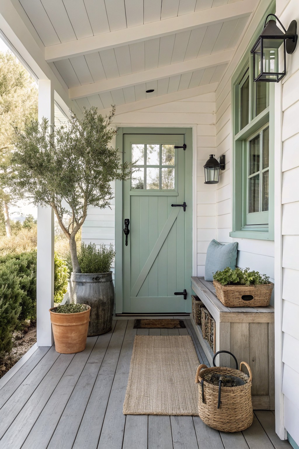 A coastal farmhouse porch with a light green door, wooden built-in bench with cushion, potted plants, and woven baskets on gray decking.