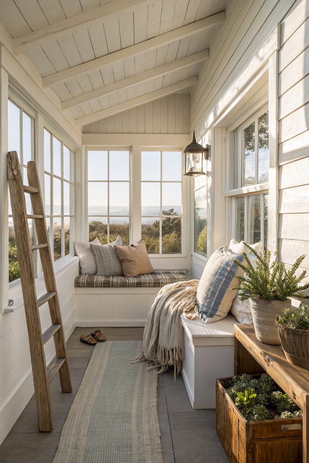 A white wooden porch with a long built-in bench under several windows, topped with pillows and a throw blanket, a wooden ladder on the left, and potted plants on a bench to the right.