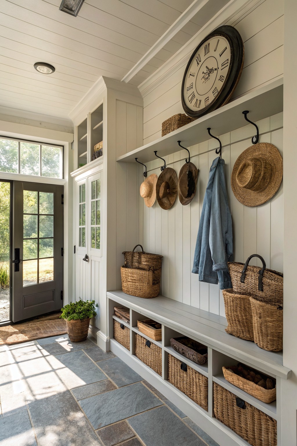 White shiplap mudroom with gray bench, wicker baskets, straw hats, and large clock