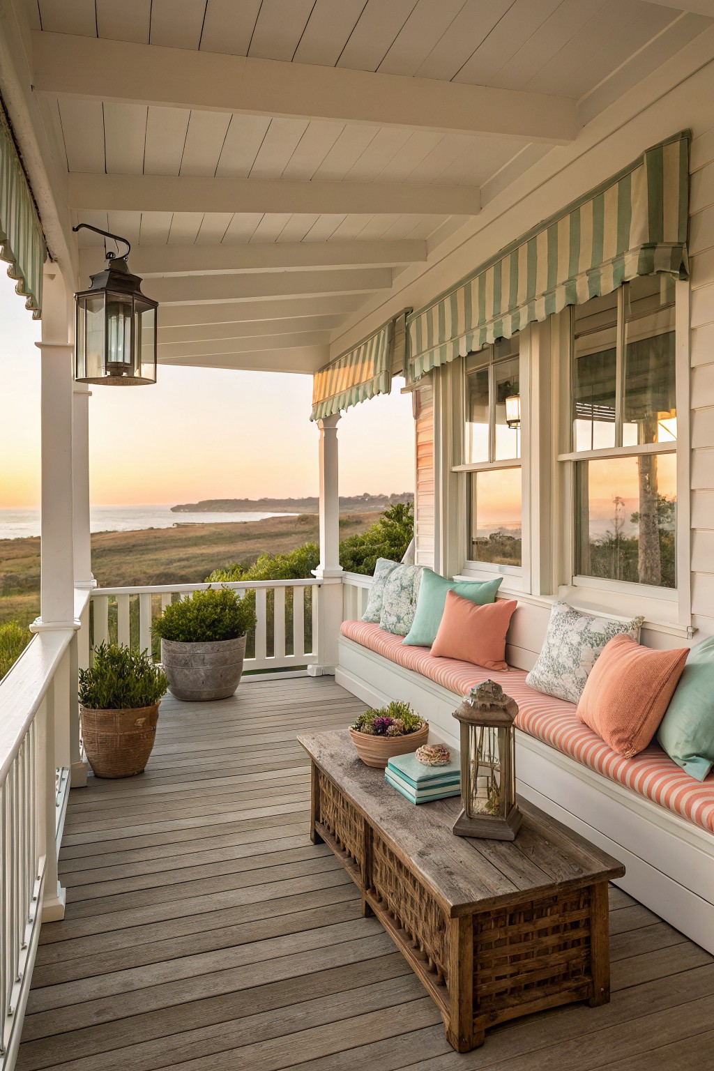 Coastal porch with striped awning, cushioned bench, wooden table, ocean sunset view