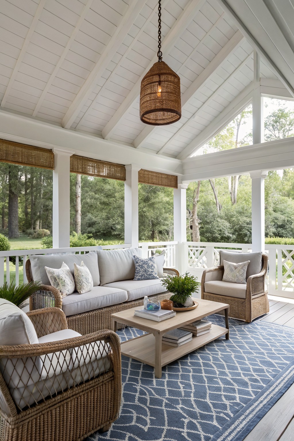 A white porch with wicker sofa and armchairs arranged around a wooden coffee table on a blue and white geometric rug, plus a hanging wicker light fixture.