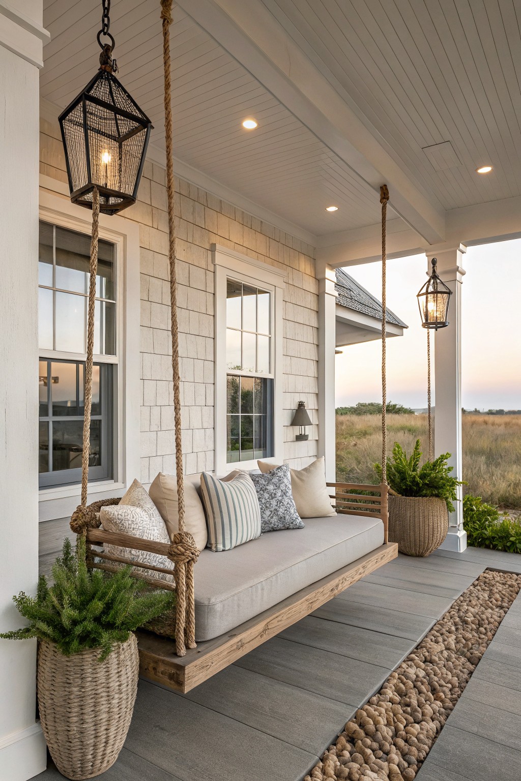 A wooden porch swing with gray cushions and striped and patterned pillows hangs from thick ropes on a white shingled house, with potted plants and black lanterns nearby.