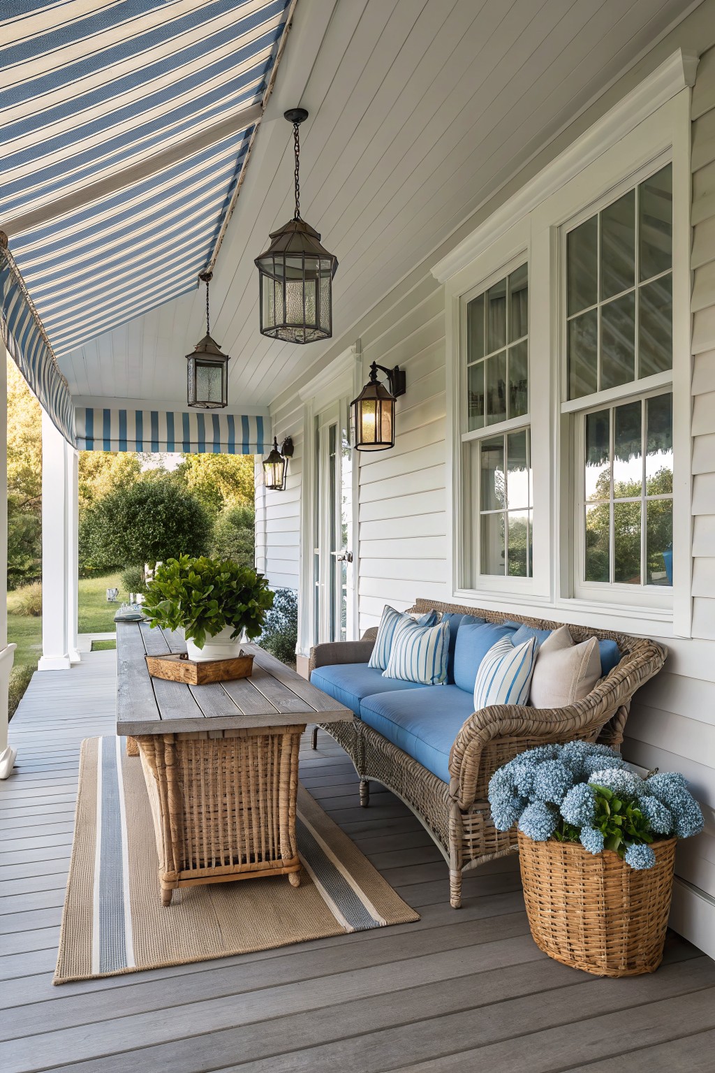A covered porch with a wicker sofa with blue cushions, a wooden table on a striped rug, hanging lanterns, and potted plants.