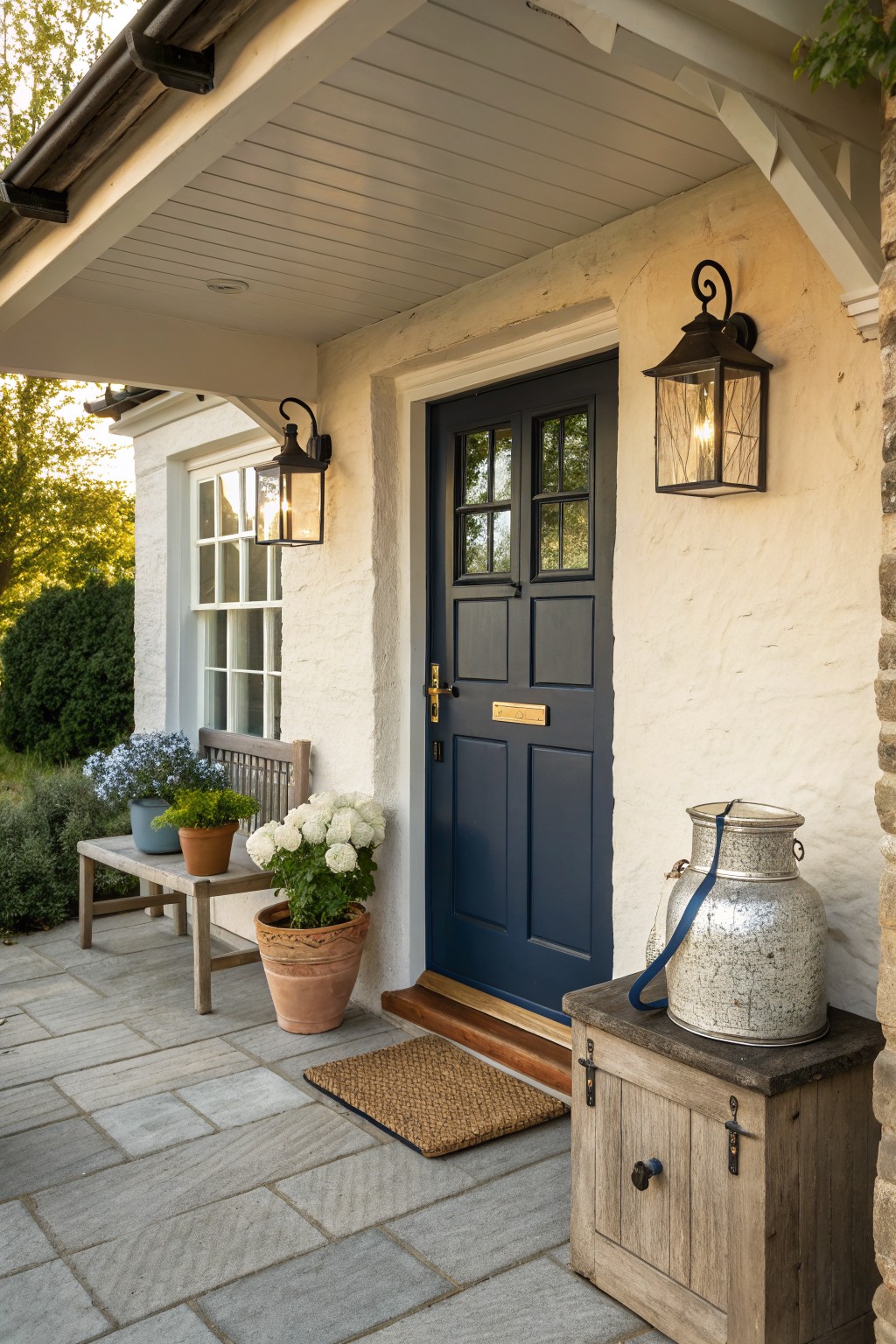 A blue paneled front door on a white stucco house is flanked by two black metal lanterns, with potted plants, a wooden bench, a doormat, and a weathered cabinet holding a metal jug on the stone porch.