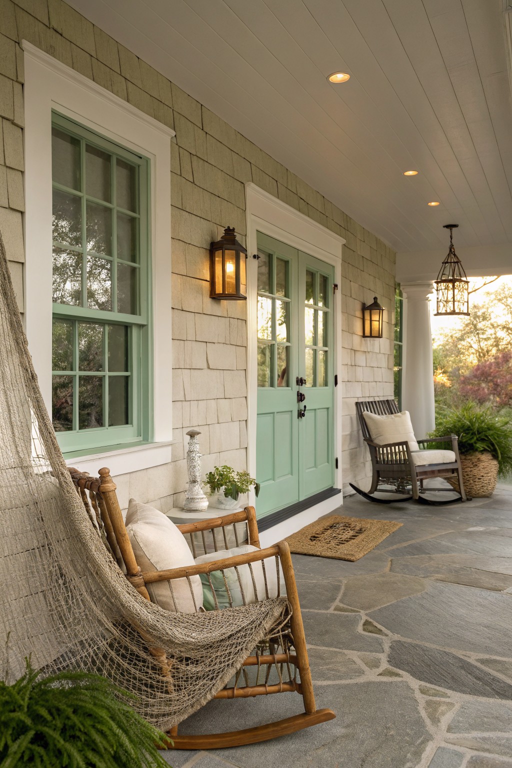 A covered stone porch with multiple wooden rocking chairs, a hanging net chair, mint green double doors, and wall lanterns.