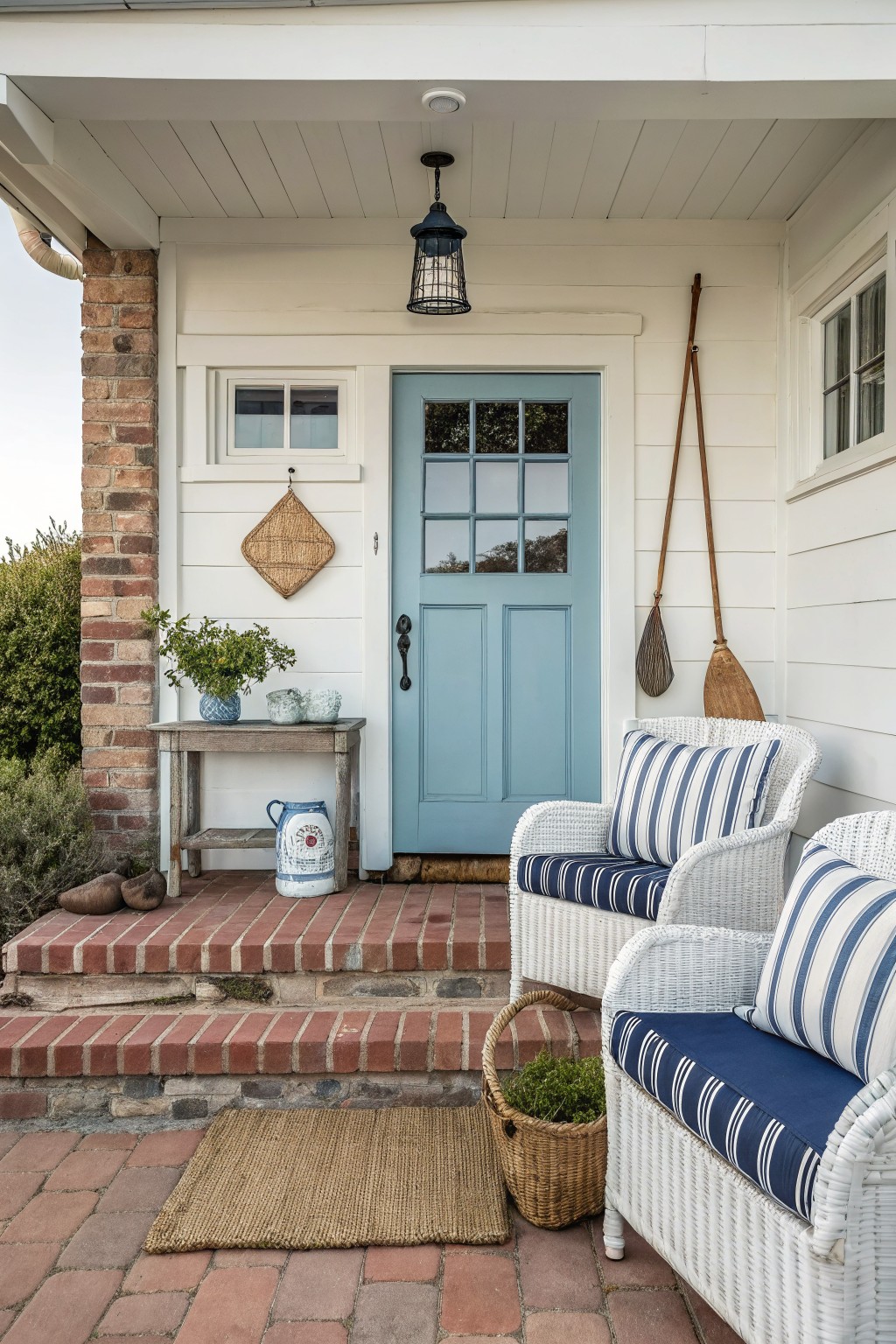 A front porch featuring two white wicker armchairs with blue and white striped cushions beside a light blue door, with brick steps and a woven rug in front.