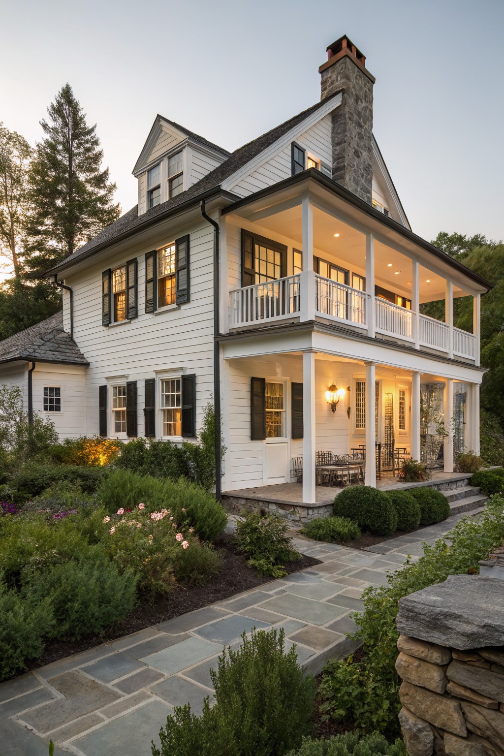 A white two-story farmhouse with dark shutters on multiple windows, a stone chimney, and a large covered front porch with white railings and columns, viewed from a stone walkway with surrounding landscaping.
