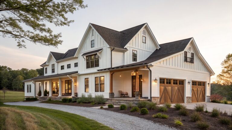 White modern farmhouse with wooden porch, barn doors, stone steps and lavender landscaping