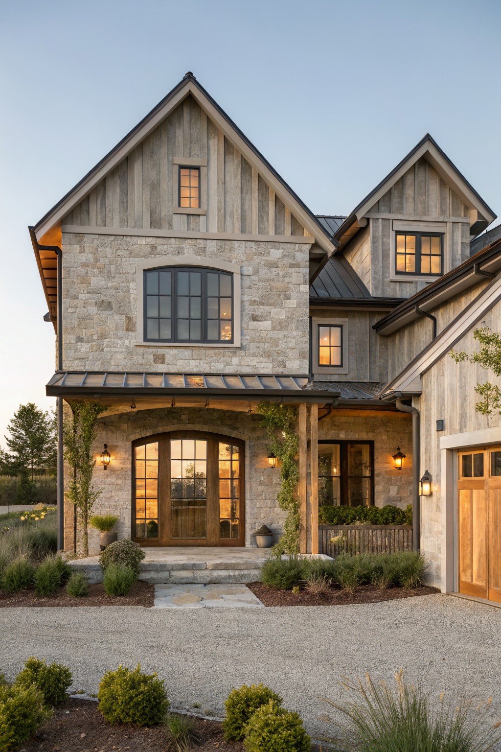 A two-story farmhouse exterior featuring stone on the lower walls, wood siding on the upper gables, an arched wooden front door, and multiple divided-light windows.