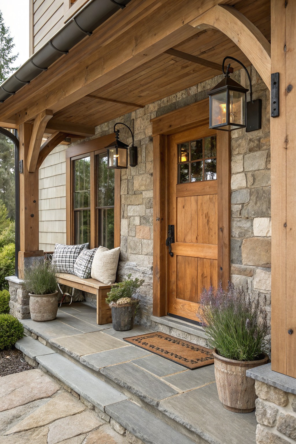 A stone and wood farmhouse entry with a wooden front door, overhead beams, wall lanterns, a wooden bench with pillows, and potted plants on the porch.