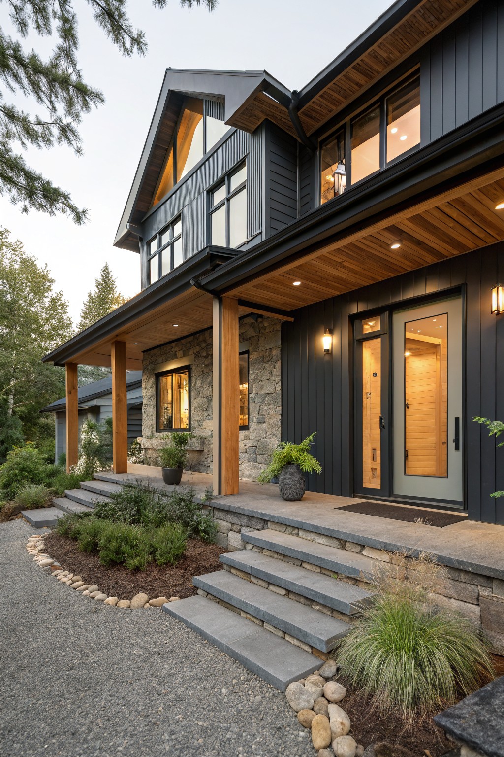 A modern two-story house exterior featuring dark gray siding, stone veneer, large wooden support posts, and a wood-paneled porch ceiling with a light gray front door.