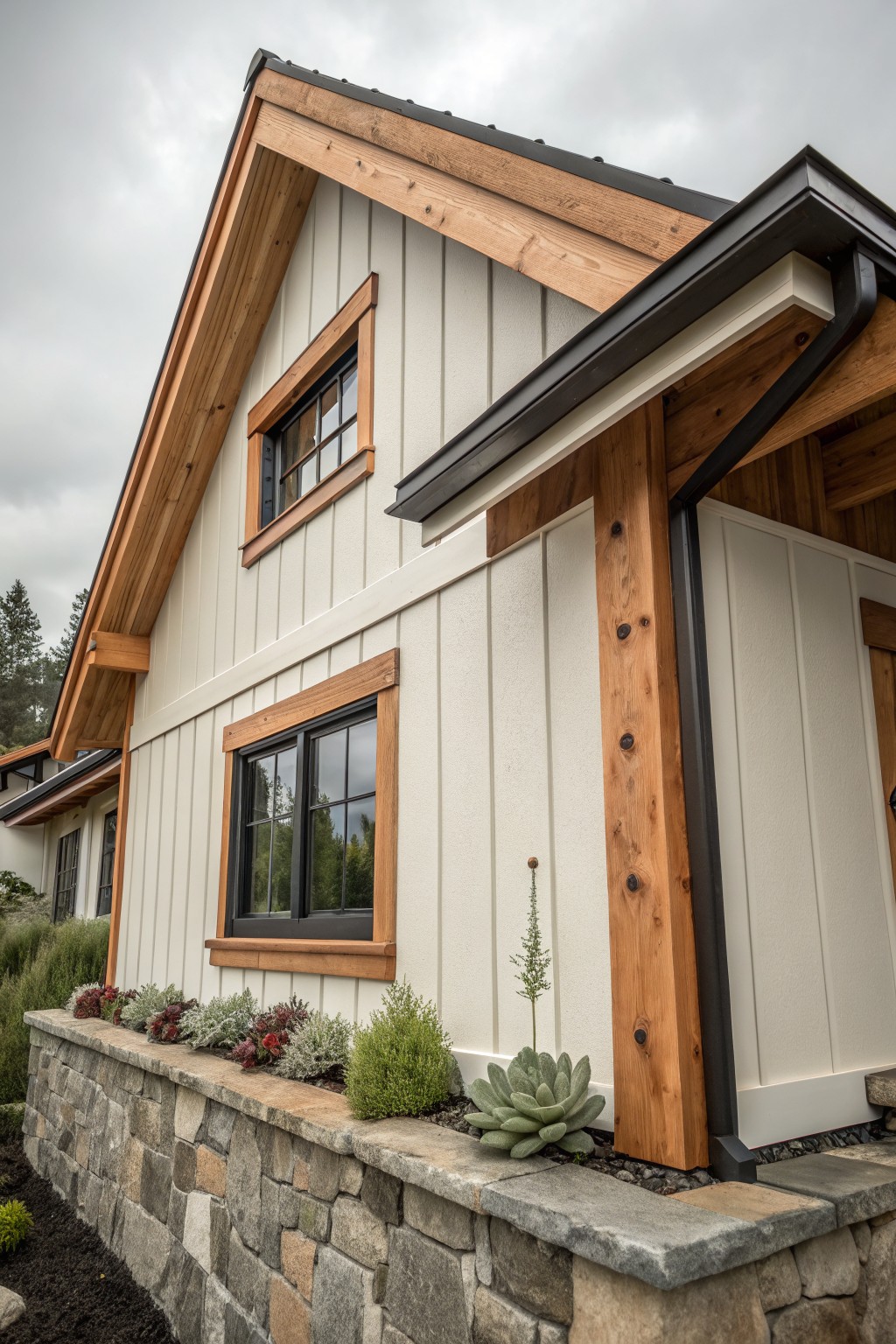 A close view of a white farmhouse exterior showing vertical siding, large wooden support beams, black-framed windows with wood trim, and a low stone foundation with small plants.