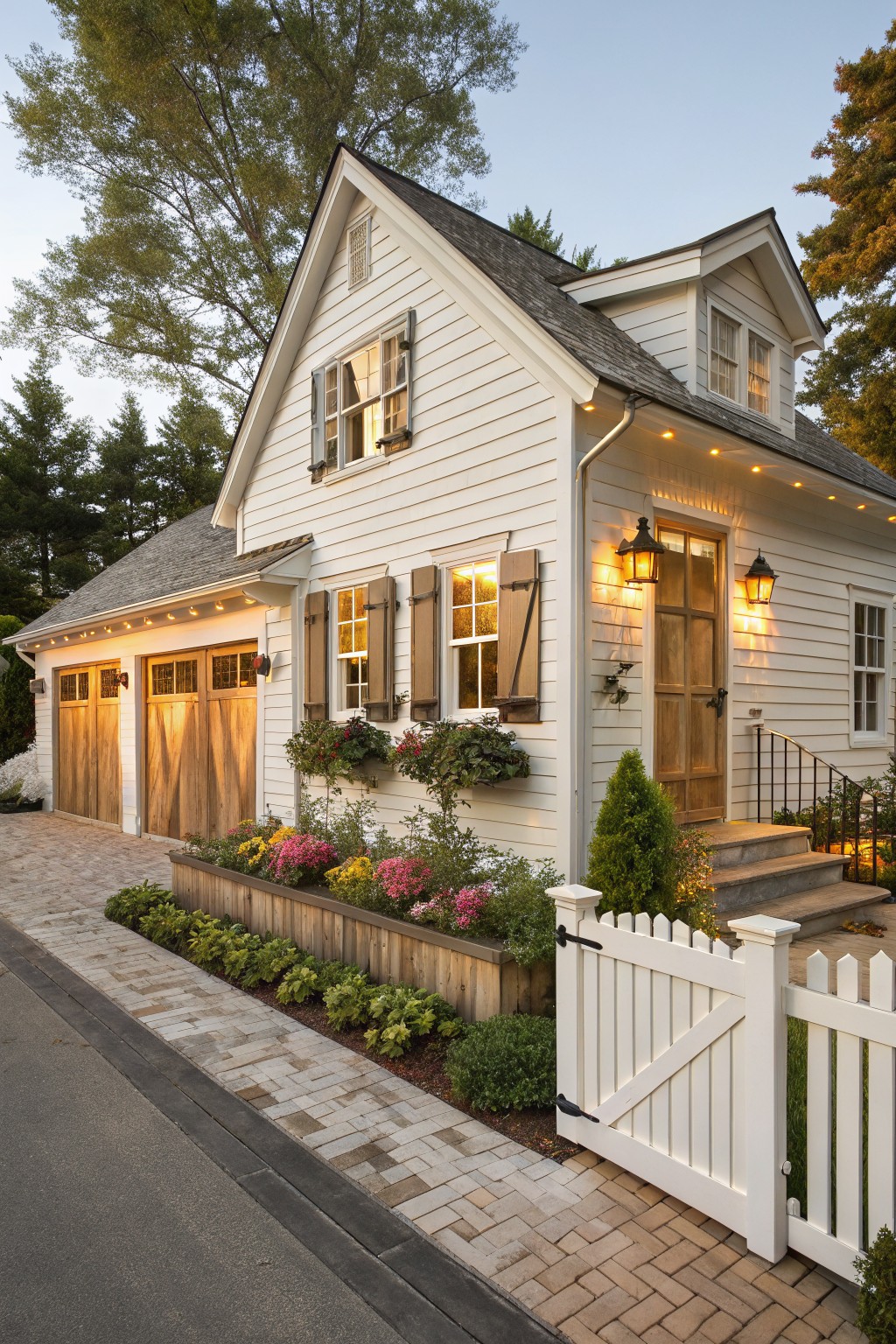 A white clapboard farmhouse with natural wood garage doors, shutters, and front door, a white picket fence, and flower beds along the driveway.