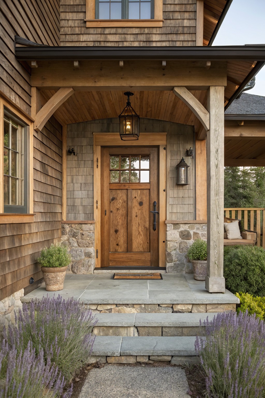 Front view of a wooden entry door with glass panels beneath exposed wooden beams and a stone base, with potted plants on the stone porch steps.